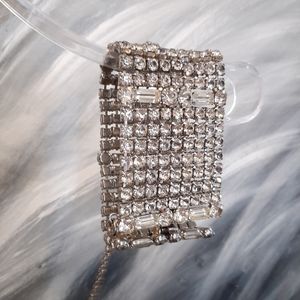 VINTAGE 90s Faux Diamond Cuff Bracelet Silver Bridal Wedding Wide Statement